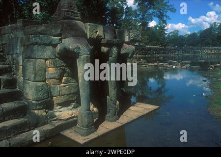 Elephants carved on wall of terrace with stairway, Elephant Terrace, Angkor Thom, Angkor Wat complex, Siem Riep, Cambodia Stock Photo