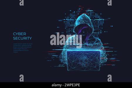 Girl hacker in a hoodie using a laptop. Abstract polygonal hack woman Stock Vector