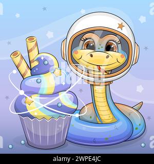 Cute cartoon snake astronaut with galaxy cupcake. Funny vector illustration of an animal on a blue background with stars. Stock Vector