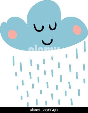 Cute happy cartoon kawaii cloud on blue background with rain drops. Dreaming cloud vector doodle illustration character Stock Vector