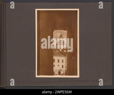 This pre-1939 photograph by Edmund and Boles Zdanowscy captures Kazimierz's Church as seen from the town hall colonnade, highlighting architectural details, streets, and the surrounding urban environment. Stock Photo
