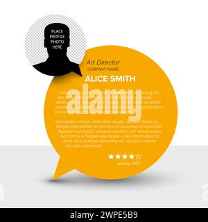 Simple light and yellow minimalistic client user customer testimonial review card layout template with photo placeholder and sample, message in orange Stock Vector