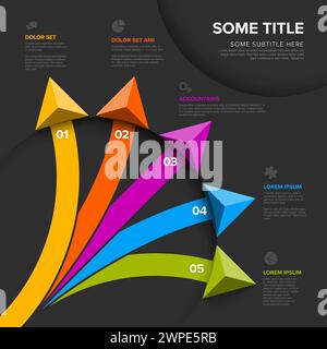 Vector dark diagonal multipurpose Infographic template with title and five elements options with big color arrows. Multipurpose Infochart with modern Stock Vector