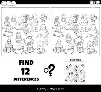 Cartoon illustration of finding the differences between pictures educational game with little chicks hatching from eggs on Easter time coloring page Stock Vector