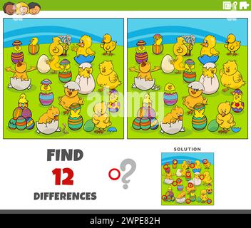Cartoon illustration of finding the differences between pictures educational game with little chicks hatching from eggs on Easter time Stock Vector