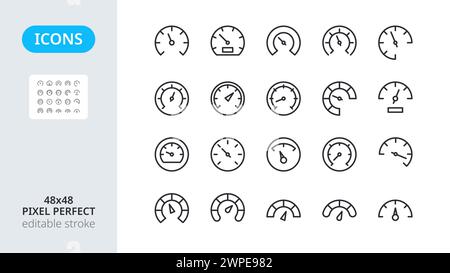 Speed meter icons. Instrument panel for gauge in a car. Internet speed test. Indicator tachometer, voltmeter and measuring instruments. Line symbols. Editable stroke, pixel perfect 48x48. Stock Vector