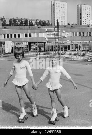 Roller skates 1965. Two girls from the roller skate club 'Rollers' on their roller skates and costumes. Pictured in Rågsved, a suburb south of central Stockholm. Stock Photo