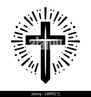 Christian cross icon. Black symbol of Christian cross with sun rays. Religious symbol. Vector illustration. Stock Vector