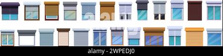 Rolling shutter icons set cartoon vector. Window plastic closed. Roller up glass Stock Vector