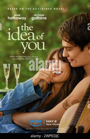The Idea of You (2024) directed by Michael Showalter and starring Anne Hathaway, Nicholas Galitzine and Ella Rubin. Solène, a 40-year-old single mom, begins an unexpected romance with 24-year-old Hayes Campbell, the lead singer of August Moon, the hottest boy band on the planet. Stock Photo