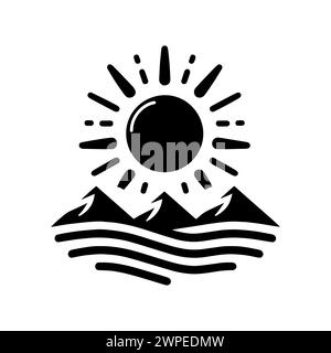 Sunrise black icon. Sunrise or sunset icon on mountains background. Vector illustration Stock Vector