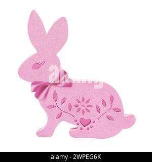 Pink wooden Easter Bunny isolated on white background Stock Photo