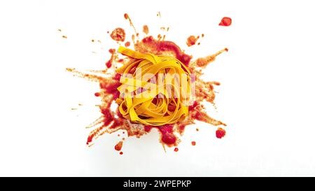 Nest of raw tagliatelle with splashes of tomato sauce Stock Photo