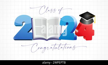 Class of 2024 congratulatios, greetation postcaring card concept. Invitation postcard design. Checkered notebook backdrop with clipping mask. Open 3D Stock Vector