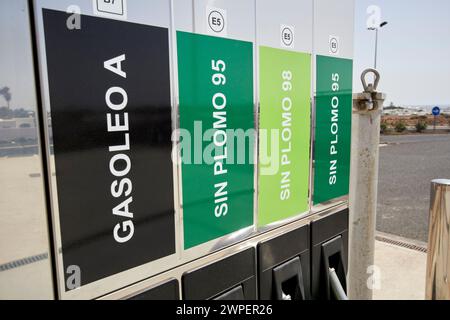 unleaded petrol and diesel fuel pumps at a service station playa blanca, Lanzarote, Canary Islands, spain Stock Photo