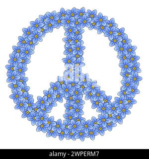 Peace sign made of 111 forget-me-not flowers. Made of 111 randomly arranged blue blossoms, a symbol of the anti-war movement. Stock Photo