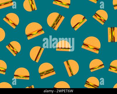 Hamburgers seamless pattern. Cheeseburgers and hamburgers in flat style. Cheeseburger with two cutlets. Bun with sesame seeds, cutlet, cheese and sauc Stock Vector