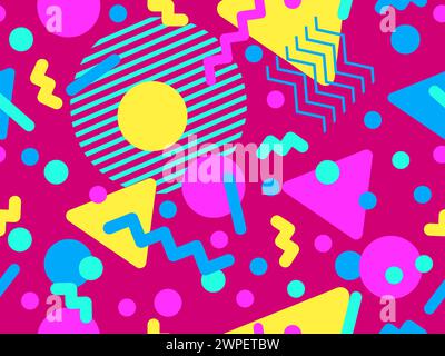 Memphis seamless pattern with geometric shapes in 80s and 90s style. Geometric shapes of different shapes and colors. Design of promotional products, Stock Vector