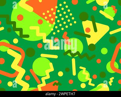 Memphis seamless pattern with geometric shapes in 80s and 90s style. Geometric shapes of different shapes and colors. Design of promotional products, Stock Vector
