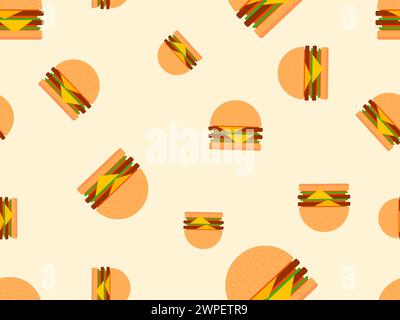 Hamburgers seamless pattern. Cheeseburgers and hamburgers in flat style. Cheeseburger with two cutlets. Bun with sesame seeds, cutlet, cheese and sauc Stock Vector