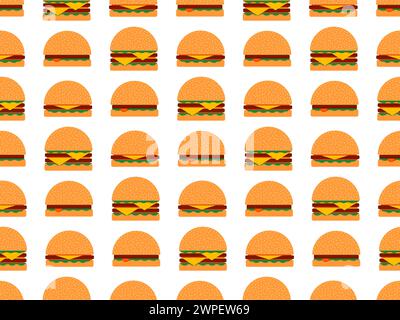 Hamburgers seamless pattern. Cheeseburgers and hamburgers in flat style. Cheeseburger with two cutlets. Bun with sesame seeds, cutlet, cheese and sauc Stock Vector