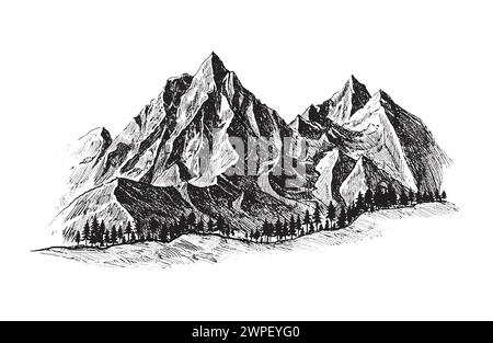 Mountain with pine trees and landscape black on white background. Hand drawn rocky peaks in sketch style. Vector illustration. Stock Vector