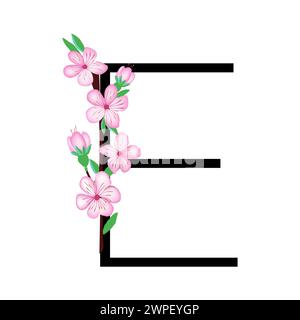 Sakura blossom pink little flower alphabet for design of card or invitation. Vector illustrations, isolated on white background for spring cherry flor Stock Vector