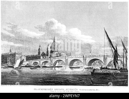 Engraving of Blackfryar's Bridge, St Pauls Cathedral &c. From the Surrey Side of the River Thames, London UK scanned at high res from a book of 1815. Stock Photo