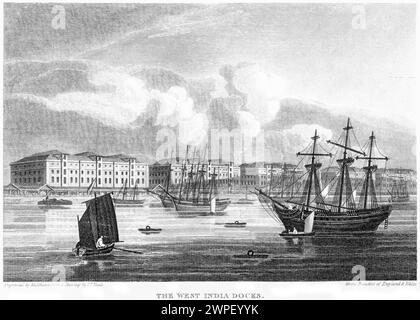 An engraving entitled The West India Docks (now Canary Wharf) London UK scanned at high resolution from a book published around 1815. Stock Photo