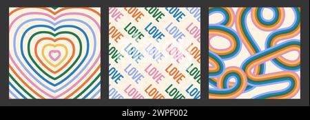Funky colorful abstract square banners set. Rainbow-colored hearts. Word love repeated in different colors. Rainbow colored squiggles or ribbons Stock Vector