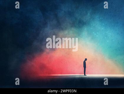 black silhouette person, standing alone, foggy road, dark night, gloomy sky background, sad - anxiety - depression concept, fantasy art Stock Photo