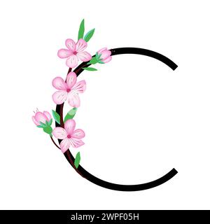 Sakura blossom pink little flower alphabet for design of card or invitation. Vector illustrations, isolated on white background for spring cherry flor Stock Vector