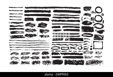 Set of black paint, ink brush strokes isolated on white background. Grunge graphic elements. Dirty texture banners. Ink splatters. Vector illustration Stock Vector