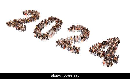 Concept or conceptual large community of people forming 2024 year. 3d illustration metaphor for celebration, festive, party, hope, future, prosperity Stock Photo