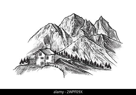 Mountain with pine trees and landscape black on white background. Hand drawn rocky peaks in sketch style. Vector illustration. Stock Vector