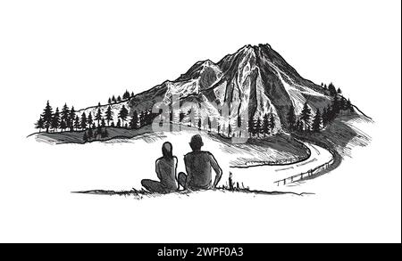 Mountain with pine trees and landscape black on white background. Hand drawn rocky peaks in sketch style. Vector illustration. Stock Vector