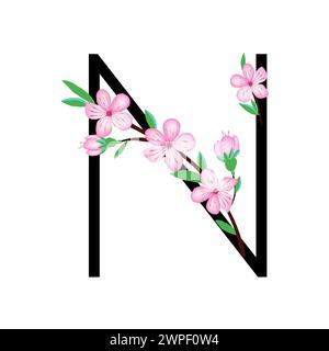 Sakura blossom pink little flower alphabet for design of card or invitation. Vector illustrations, isolated on white background for spring cherry flor Stock Vector