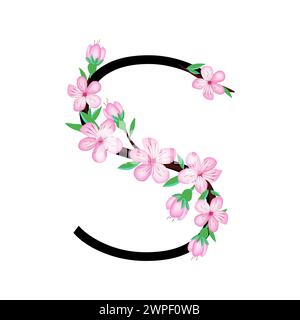Sakura blossom pink little flower alphabet for design of card or invitation. Vector illustrations, isolated on white background for spring cherry flor Stock Vector