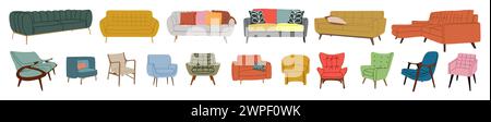 Set of trendy sofas, chairs, armchairs, couches. Stock Vector
