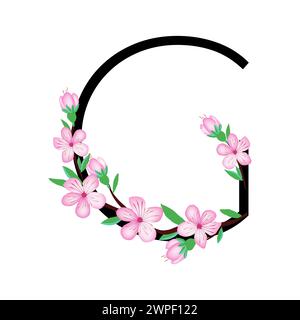 Sakura blossom pink little flower alphabet for design of card or invitation. Vector illustrations, isolated on white background for spring cherry flor Stock Vector