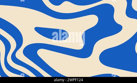 Wavy blue and white abstract pattern. Psychedelic trippy retro background in groovy y2k style. Liquid marble or maze design. Stock Vector