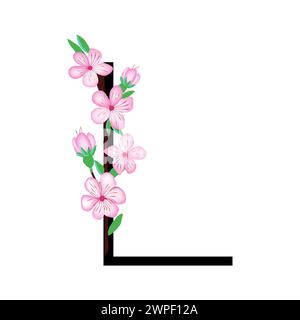 Sakura blossom pink little flower alphabet for design of card or invitation. Vector illustrations, isolated on white background for spring cherry flor Stock Vector