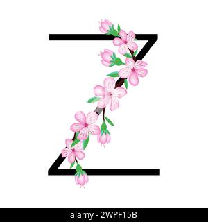 Sakura blossom pink little flower alphabet for design of card or invitation. Vector illustrations, isolated on white background for spring cherry flor Stock Vector