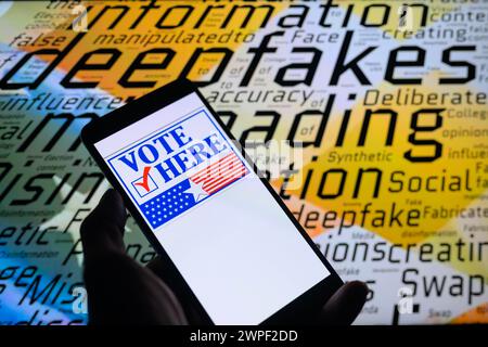 Brussels, Belgium. 05th Mar, 2024. Vote Here icon displayed on a smartphone with a word cloud visible in the background in this photo illustration. Taken in Brussels, Belgium. On March 5, 2024. (Photo by Jonathan Raa/Sipa USA) Credit: Sipa USA/Alamy Live News Stock Photo