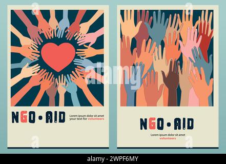 Raised hands in circle of volunteer people around a heart. People diversity.Charitable and donation.Support and assistance.NGO. Aid. Help.Volunteerism Stock Vector
