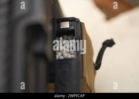 Close up view of a machine gun. Selective focus with shallow depth of field. Stock Photo