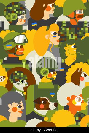 Seamless Ukrainian military pattern. Military personnel, wartime animals and civilians. Modern design in khaki colors with Ukrainian symbols Stock Vector