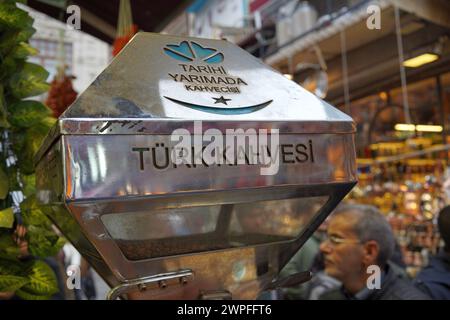 Traditional Turkish coffee bean grinder in the Spice Bazaar, Istanbul, Turkey Stock Photo