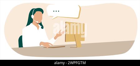 Banner template with copy space. Call center brunette woman working and talking on the phone while typing on the computer. Customer support. Stock Vector