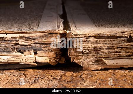 Mysterious dark view on the tattered pages of a 300 years old antique gothic book Stock Photo